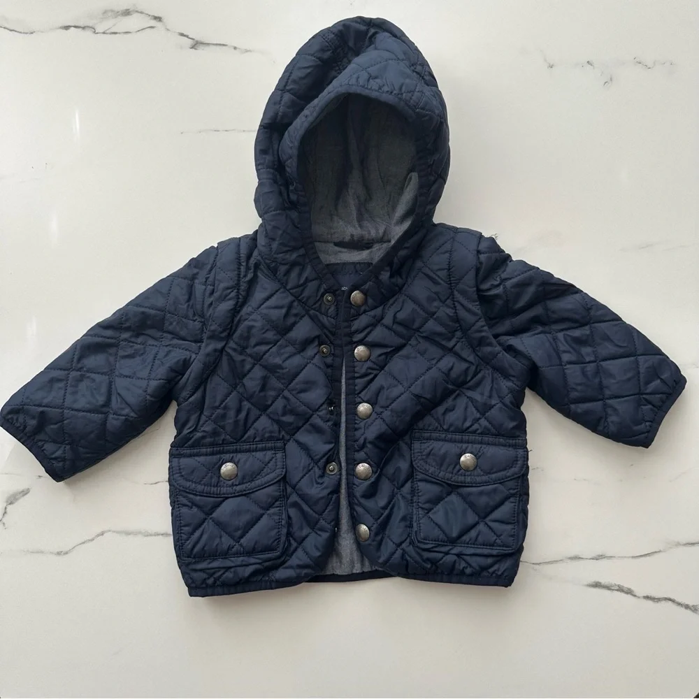 Baby Gap Convertible Quilted Jacket Vest Navy 6-12M Hooded Snap Coat EUC